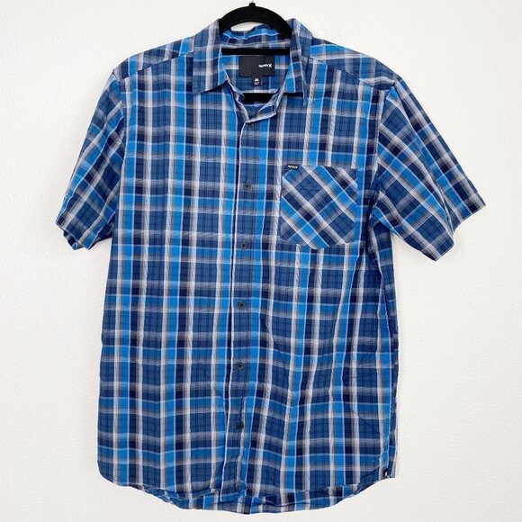 Hurley Mens Medium Blue Gray Plaid Button Down Short Sleeve Shirt - Picture 1 of 8